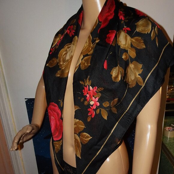 Vintage Kathie Lee Collection Extra Large Floral Scarf black roses head wrap bow - Picture 12 of 16